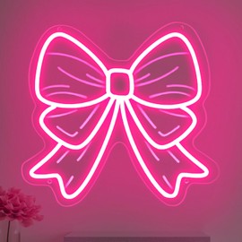 Pink Bow Neon Signs for Wall Decor Girls Room Beauty Salon Pink Aesthetic Room Decoration LED Neon Lights Sign 15″ × 13.4″