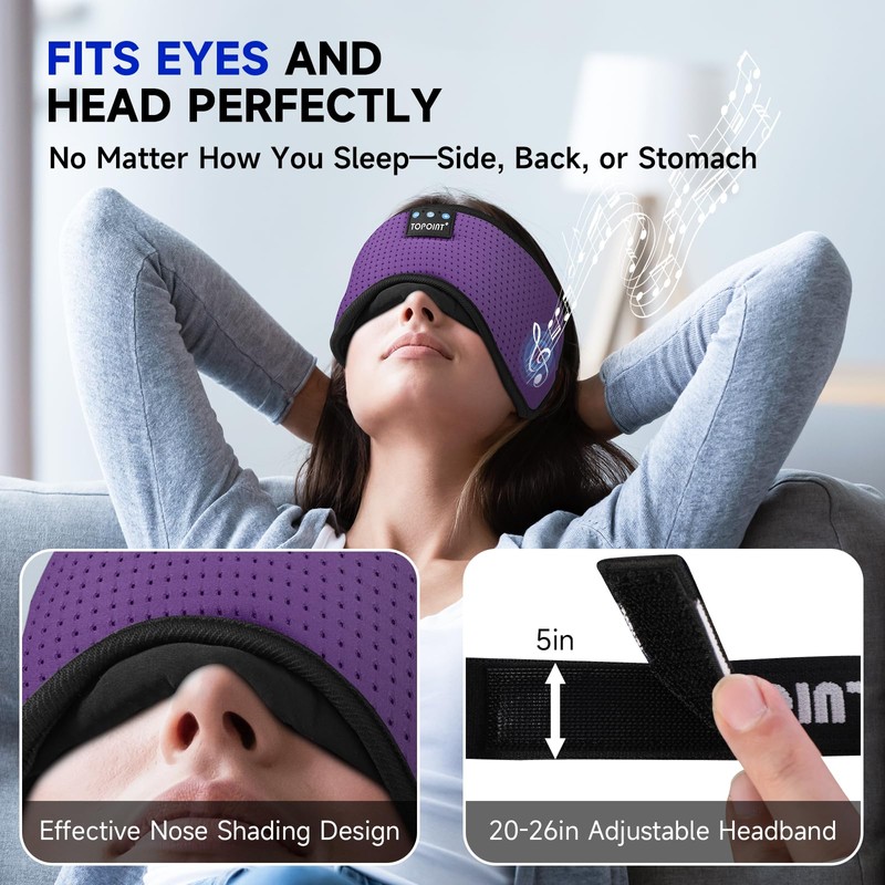 TOPOINT Sleep Mask Headphones Bluetooth Wireless 5.4, Breathable Cotton Eye