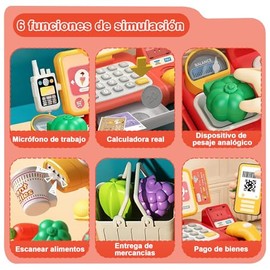 52 PCS Caja Registradora Juguete para Niños y Niñas:Caja Supermercado,Escáner Inteligente,Calculadora,Cinta Transportadora,Comida Juguete y Pago Móvil