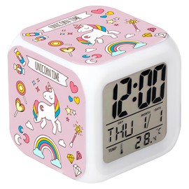 Cisixin Digital Alarm Clock Unicorn Colourful Square Girls LED Illuminated Discolouration and Decompression Alarm Clock Creative Colour LED Digital Clock with Temperature Display Table Clock Change
