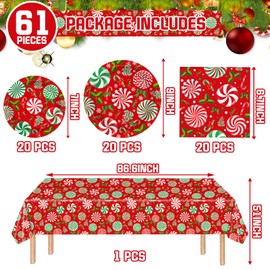 Ertyjikg Christmas Paper Plates and Napkins, Candy Cane Plates and Napkins Party Supplies Red and White Striped Christmas Dessert Plates with Tablecloths for Winter Holiday Xmas