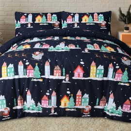 Sleepdown Santa Town Xmas Festive Navy Reversible Duvet Cover Quilt Bedding Set with Pillowcases Soft Easy Care Bed Linen - Double (200cm x 200cm), 5056557512676, Multicolor