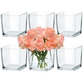 CONNOO 6 Pack Square Glass Vase 5" x 5" x 5", Clear Bulk Flower Vases for Centerpieces, Square Glass Cube Vase Floating Candle Holders for Wedding Party Home Decor