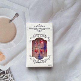 24Pcs Square Press on Nails with Design, Medium Length Fake Nails Spring Colorful Floral False Nails Cute Flower Nude Glue on Nails Glossy Spring Summer Glue on Nails for Women Manicure