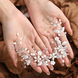 GORAIS Pearl Bride Wedding Hair Vine Silver Leaf Bridal Headband Flower Hair Pieces Hair Accessories for Women and Girls