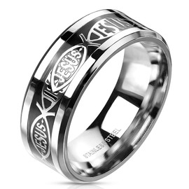 Bungsa® Unisex 3D Inlay Jesus Fish Symbol Silver Black 316L Stainless Steel Ring, Stainless Steel Resin, No Gemstone