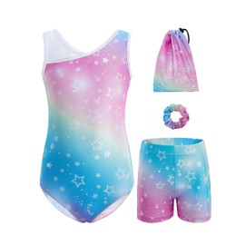 Tstiti Girls Gymnastics Leotard 4-Piece Outfit with Storage Bag Scrunchie & Shorts Dance Set for Toddler/Kids 3-12 Years Star Color 5-6 Years
