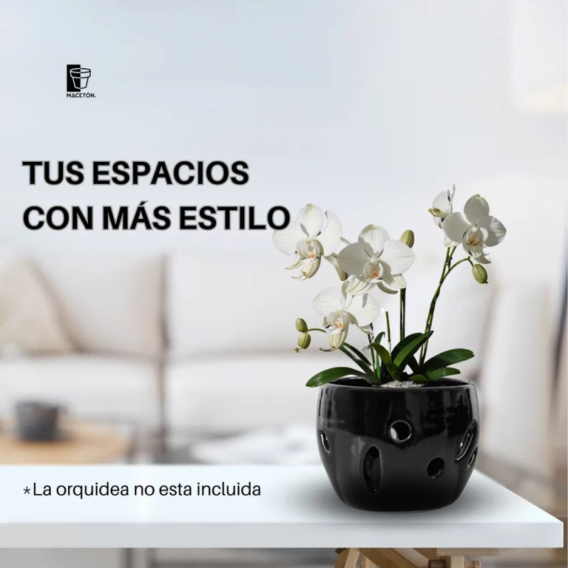 Maceta De Cerámica Esmalte Negro Para Orquídeas Pequeñas Calada Redonda
