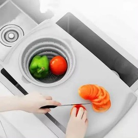 3-in-1 Foldable Cutting Board with Drain Basket – Multi-Function Kitchen Gadget for Washing, Cutting, and Draining – Space-Saving Design for Fruits, Vegetables, and More – Portable and Compact (Grey)