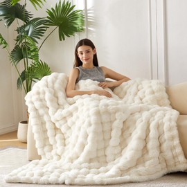 COOVA Faux Fur Throw Blanket for Couch, Cozy Soft and Fuzzy Plush Rabbit Fur Bubble Blanket for Sofa Bedroom Living Room, 50x60 Inches Ivory White