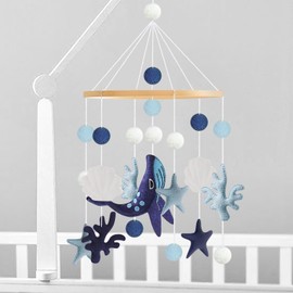 GOMETY Mobile Baby Wind Chime with Wood, Felt and Stars for Baby Cot, Hanging Mobile for Girls and Boys, Newborn Gift, Bed Bell, Baby Wind Chime, Blue Whale, Blue Ocean, Coral Shell