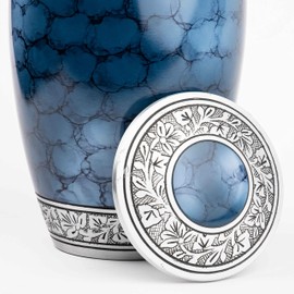 INTAJ Handcarved Cremation Urn for Human Ashes - Classic Blue Floral Design, 200lbs Capacity, Suitable for Burial for Adult Men and Women, Mom and Dad - Decorative Funeral Urn and Memorial Urn