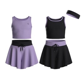 Essenclo Flowy Girls Butterfly Shorts Skirts w/Pockets & Athletic Sleeveless Tank Tops, Dance Tennis Cheer Running (5pc Set) - E2106 - Set-1-9-10