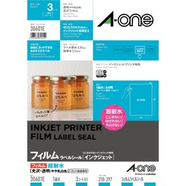 A-One 30601E Inkjet Label Sticker, Super Water Resistant, Glossy Film, Transparent, A4, Uncut, 3 Sheets