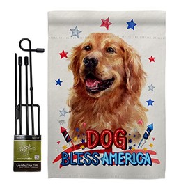 Breeze Decor Patriotic Dark Golden Retriever Garden Flag Set with Stand Animals Dog Puppy Spoiled Paw Canine Fur Pet Nature Farm Animal Creature Small Gift Yard House Banner Made in USA 13 X 18.5