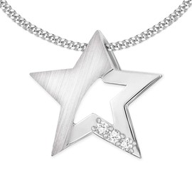 CLEVER SCHMUCK Silver Women's Necklace Star Pendant 15 mm Matt Shiny with 3 Zirconia Stones and Curb Chain 45 cm 925 Sterling Silver 925 in Jewellery Case, Cubic Zirconia Sterling Silver, Cubic