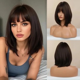 MISSWEN Costume Wig With Bangs Straight Heat Resistant Synthetic Hair Dark brown Soft