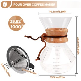 Pour Over Coffee Maker 1000ml with 304 Stainless Steel Filter and Wooden Collar Holder Borosilicate Glass Drip Coffeemaker Server Set Clear Hand Brew Dripper Carafe for Home Camping Travel 33.8oz