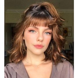 DaiMer Brown Wig with Bangs Auburn Wigs for Women Short Wavy Light Brown Wig Shoulder Length Curly Bob Synthetic Heat Resistant Fibre for Daily Party Use (16 Inches) Natural Curly