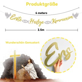 First Holy Communion Garland, Confirmation Decoration Flag, Christening Decoration Banner, Hanging Decoration Banner Confirmation for First Communion Decoration, Christening Party Decoration (Gold)