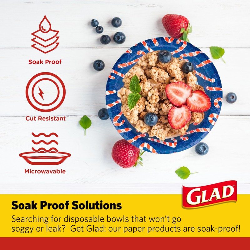 Glad Round Disposable Paper Bowls, Navy Holiday Candy Cane Design