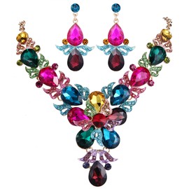 EVER FAITH Rhinestone Crystal Wedding Flower Leaf Teardrop Necklace Earring Set Multicolor Gold-Tone