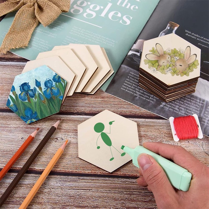 Hexagonal Natural Wood Discs, 50 Pieces, 5 cm Wooden Panel,