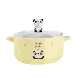 Whimsical Characters Porcelain Ramen Noodle Bowl with Glass Lid 30 fl oz Bowl With Side Handles For Udong, Pho, Tomyum Ramen Noodle Soup (Panda)