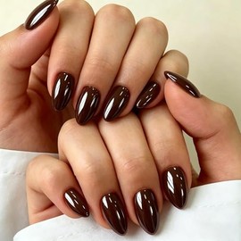 SXVME Uñas postizas cortas de almendra color marrón café cromado, uñas postizas lindas glaseadas con diseño de espejo brillante, uñas postizas brillan