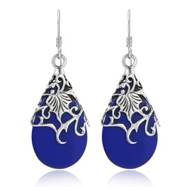 Floral Vine Ornate Teardrop Simulated Blue Lapis-Lazuli .925 Sterling Silver Dangle Earrings