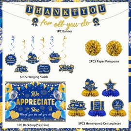 We Appreciate You Banner Decorations,Blue Gold Thank You for All You Do Banner Backdrop Honeycomb Centerpiece Hanging Swirl Paper Pompom,Employee Teacher Staff Pastor Appreciation Decorations
