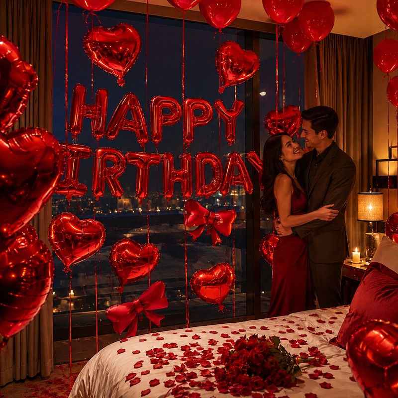 Red Birthday Balloon Set with Heart Foil Balloon - Romantic