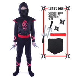Sincere Party 7 Pieces Dragon Ninja Costume for Unisex Children, Ninja Dress Up Role Play Outfit with Accessories, 12-13 Years