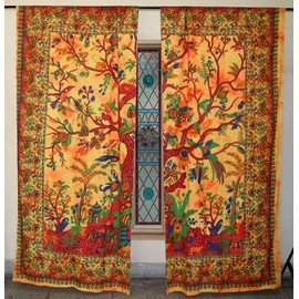 GDONLINE Orange Tree of Life Mandala Cotton Curtain Wall Hanging Mandala Window Door Curtains Wall Panels Hippie Boho Decor Tapestry Window Treatments Balcony Room Decor Curtain