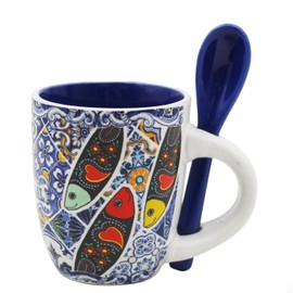 Portuguese Rooster Sardine Azulejo Ceramic Espresso Set - With Spoon & Gift Box - Traditional Tile Design, Coffee Lover's Gift - 4oz Capacity, Small