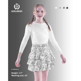 WELAKEN Sparkle Sequin Skirt for Girls Kids Elastic Waist Three Layer Ruffle Skirt Silver