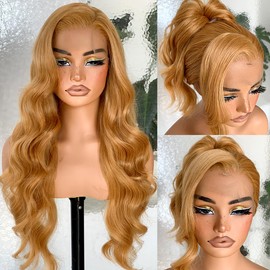 Honey Blonde 13x6 HD Body Wave Lace Frontal Wigs 26inch Pre-Plucked, Synthetic Lace Front Wig 200 Density, 27# Colored For Black Women
