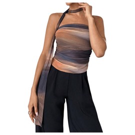 GORGLITTER Women's Tie Dye Ruched Strapless Halter Tube Top Mesh Backless Going Out Bandeau Top with Scarf Multicolor Small