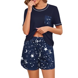 Namatime Women's Short Pyjamas, Summer Cotton, Two-Piece Sleepwear, Shorty Loungewear, navy blue star, M