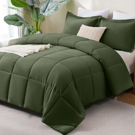 CozyLux Full Size Comforter Sets - Olive Green Comforter Full Size, 3 Pieces Box Stitched Bed Set for All Seasons, Soft Lightweight Bedding Sets with 1 Down Alternative Comforter and 2 Pillow Shams