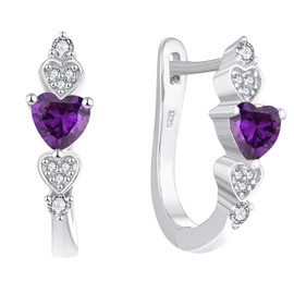 YL Hoop Earrings 925 Sterling Silver with 12 Birthstone Cubic Zirconia U Shape Huggie Earrings for Women, Silver, Amethyst