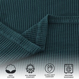 100% Cotton Twin Size Bed Blanket - Blue Waffle Weave Lightweight Summer Bedding - 90x66in Prewashed Breathable, Woven, Layering (Twin, Peacock)