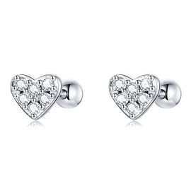 BISAER 925 Sterling Silver Tiny Heart Earrings With Screw Back Cubic Zirconia Stud Earrings for Women Cartilage Jewelry