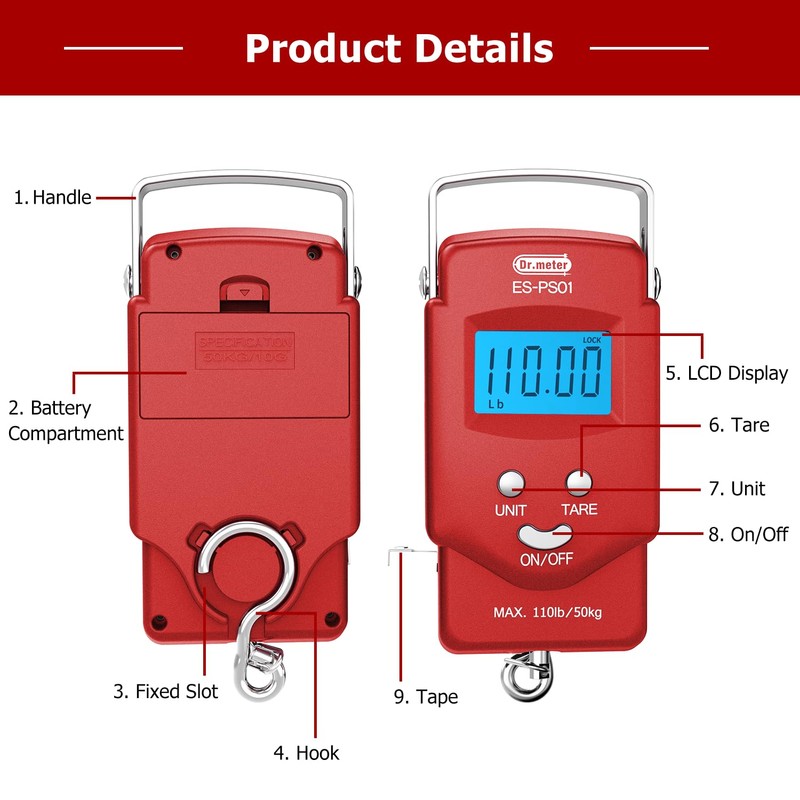 Dr.meter Fish Scale: PS01 110lb/50kg Backlit LCD Display Fishing Scale