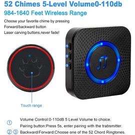 ChunHee Wireless Dog Doorbell for Potty Training / Dog Bell Smart Buttons / Dog Buzzer Doorbell Chime 52 Melodies 5 Volume Levels LED Light Flash (2 Receivers + 2 Bell Buttons