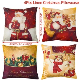 Christmas Cushion Covers Set of 4,Red Gold Christmas Pillow Cases 18x18 Inch,Santa Snowman Pillow Covers,Christmas Linen Throw Pillow Cases for Christmas Decorations Winter Home Sofa Xmas Decorations