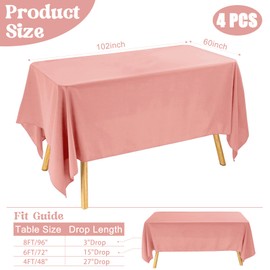 JALANCY 4 Pack Rectangle Tablecloth for 6 Foot Tables Washable Polyester Table Cover for Wedding Dining Table Parties Banquet（60x102 Dusty Rose）