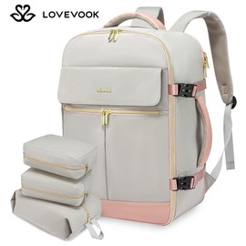 LOVEVOOK Christmas Carry On Travel Backpack , TSA-Approved Personal Item, 40L Water Resistant Daypack Large Weekender Bag fit 17 inch Laptop with 3 Cubes, Gift for Christmas - Color: Grey Pink