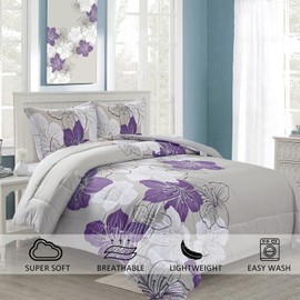 Menghomeus California King Comforter Set Purple Floral Pattern Printed on Grey Cal King Bedding Set Soft Microfiber Bed Comforter Set for All Season