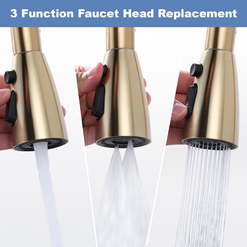 WOWOW Kitchen Faucet Head Replacement Gold, 3 Function Pull Out